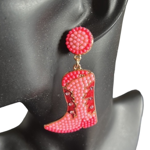 BARBIE Pink Cowboy Boots Dangle Pierced Earrings with Rice Beads & Rhinestones - Picture 1 of 5